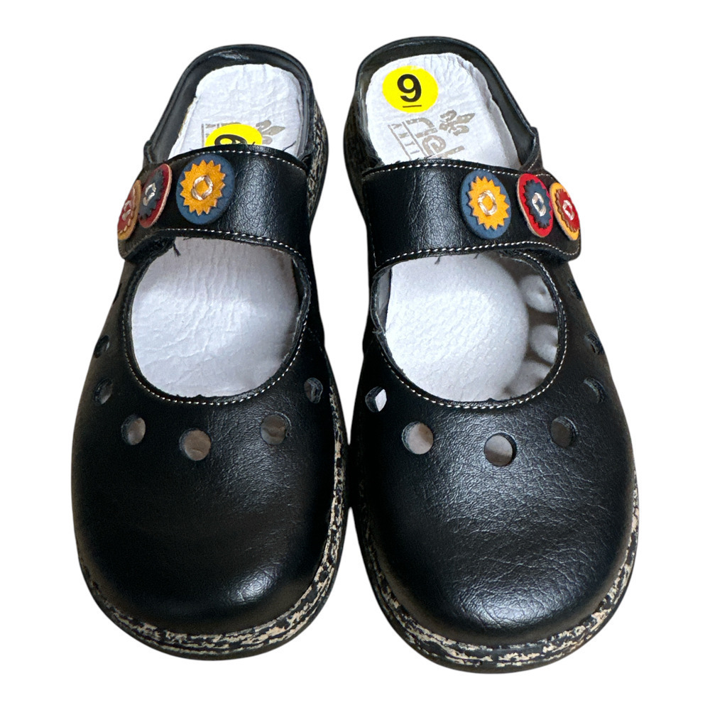 Rieker Vegan Leather Black Multi Daisy Mary Jane Casual Whimsical Slides  38/8